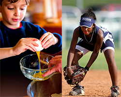 Two side-by-side images. The left one shows a boy cracking an egg into a bowl. The right one shows a girl squatting with a catcher's mitt.