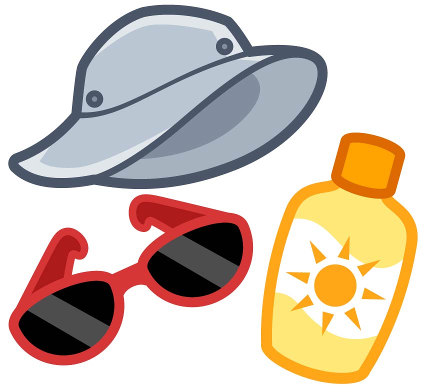 A hat, a pair of sunglasses, and a bottle of sunscreen.