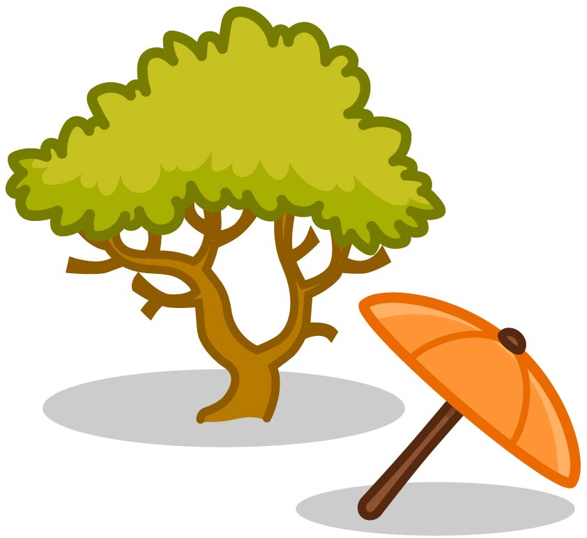 A tree and an umbrella casting shade.