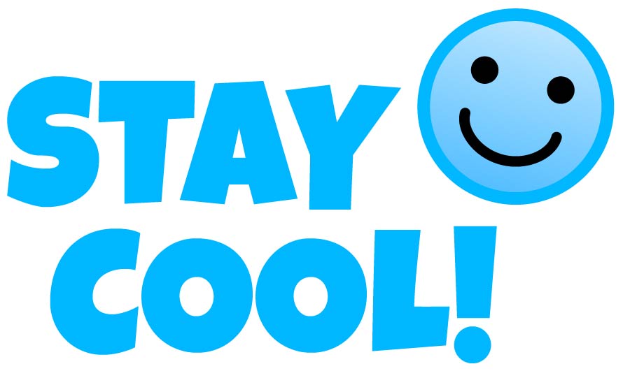 Text that says stay cool with a blue smiley face next to it.