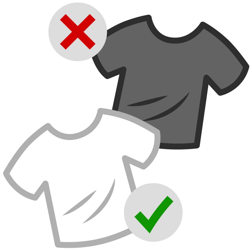 Una camisa de color oscuro con una X al lado. Una camisa de color claro con una marca de verificación al lado.