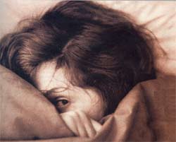 Illustration of women hiding face in an anxious way under the covers, in bed