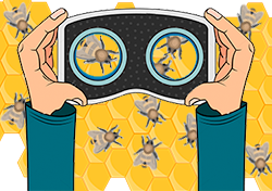 Illustration of VR googles looking at a virtual beehive.