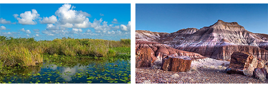 A paired set of photos of a wetland and a badlands desert