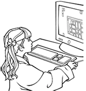 Girl scientist in lab coat sitting at a computer.