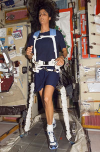 Astronauts exercise on special treadmills using bungie chords to help keep their muscles strong on long trips into space.