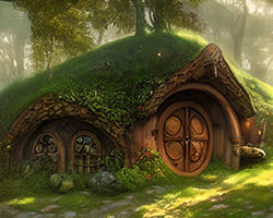 An illustration of a hobbit house, build under ground, with a circular door and windows