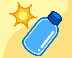 An illustration of a cartoon sun and water bottle for the heat safety game Beat the Heat