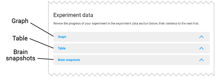 A screenshot of the experiment data section with the graph, table, and brain snapshot sections labeled.