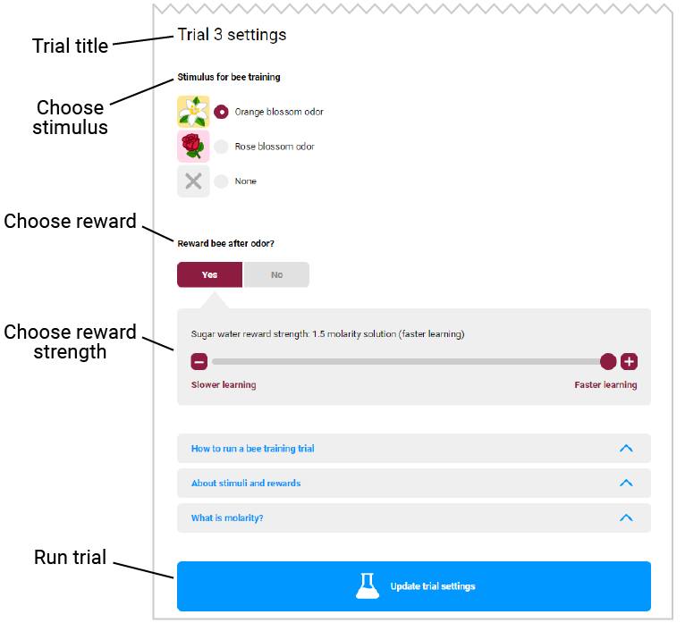 A screenshot of the top of the trial settings section with the trial title, stimulus section, reward selection, reward strength selection, and run trial button labeled.