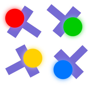 Four fluorescent nucleobases of different colors.