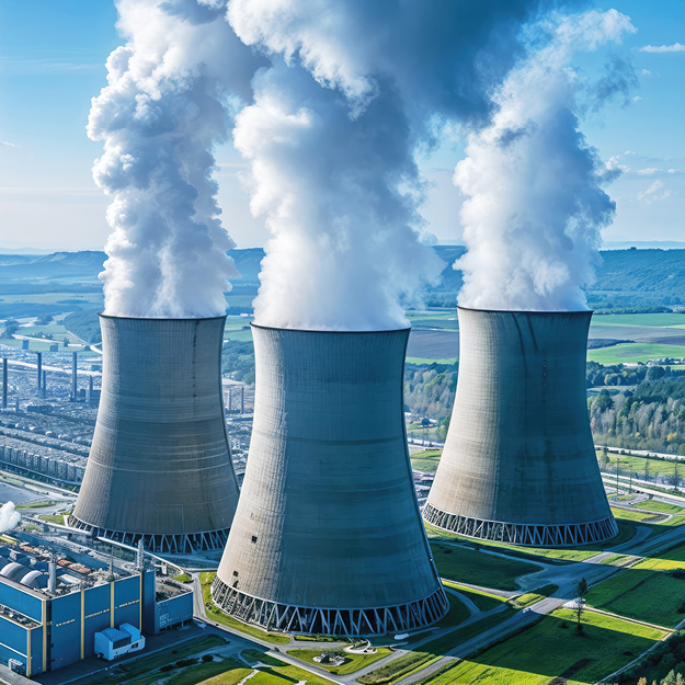 Three nuclear energy smokestacks blowing white steam into the air.