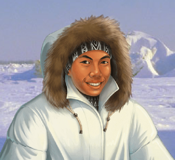 An indigenous Arctic hunter wearing a warm coat with a fur hood.