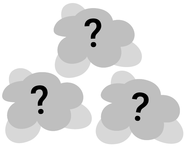 Three flowers in grey with questions marks over them.
