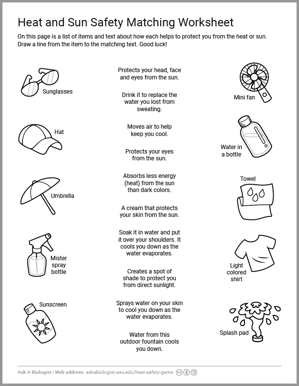 The heat and sun safety matching worksheet.