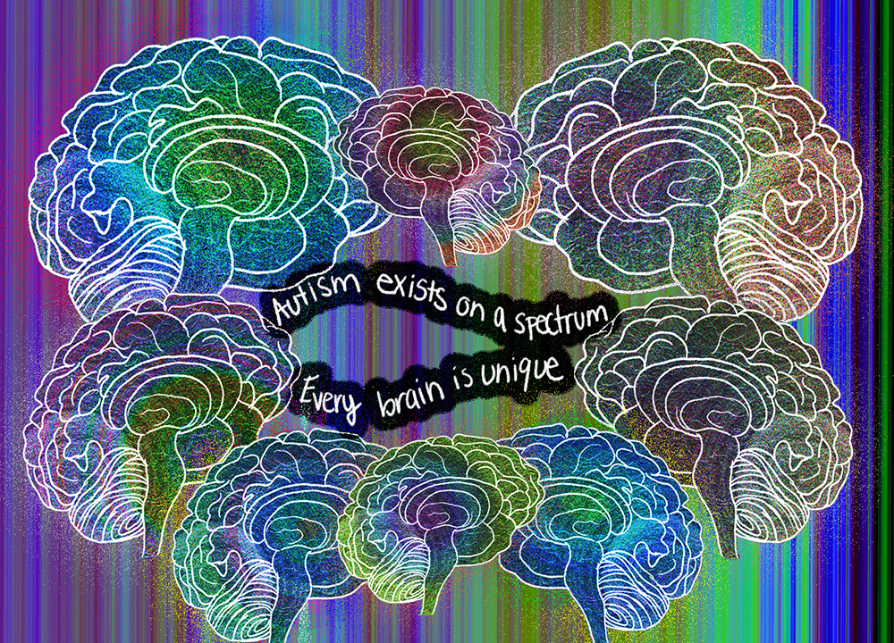 An illustration of 8 brains drawn in outline in a circle with a multi-colored background that shows through. The brains are in a circle around the text 'Autism exists on a spectrum. Every brain is unique.'