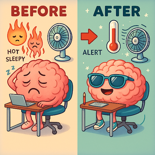 An illustration of two cartoon brains. The left side shows a brain before it yawns, and it's hot and sleepy. The right side shows the brain after it yawns, and it's cooler and alert.