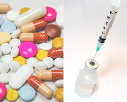 Two side-by-side images. The left one shows a collection of colorful pills. The right one shows a syringe with a needle in a bottle of clear fluid.