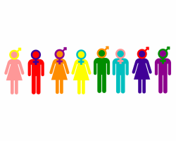 Eight silhouettes in different colors with male and female symbols circling their heads