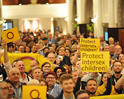 A crowd holding up yellow signs with the intersex pride flag and signs that read &quot;Protect Intersex Children.&quot;