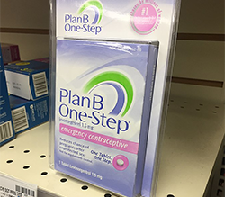 A package of Plan B on a store counter