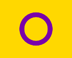 The intersex pride flag. A yellow rectangle with a purple circle in the middle.