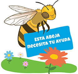 Miel de abejas sosteniendo un cartel con &quot;¡Esta abeja necesita tu ayuda!&quot;.