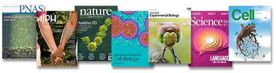 Several journal article covers, including the journals PNAS, AJPH, Nature, Cell Biology, JEB, Science, and Cell