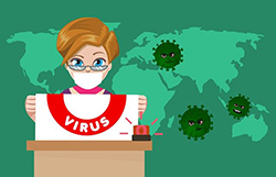Illustration of woman in face mask talking about viruses in front of world map with virus icons.