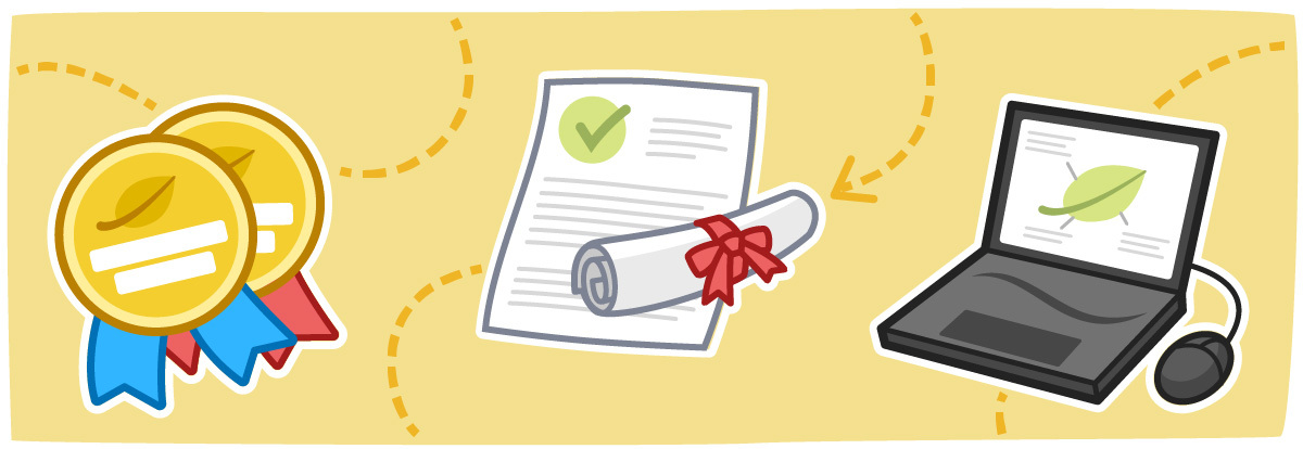 An illustration of medals, certificates, and a computer