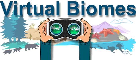 Virtual biome header image with hands holding a pair of vr goggles.