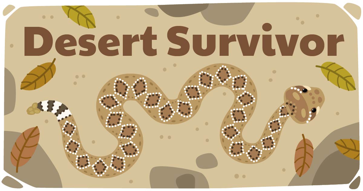 A snake in a desert landscape with text that says, "Desert Survivor" towards the top.