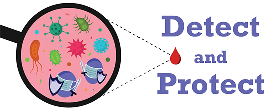 Studying immunology - Detect and Protect, an image of zooming in on a drop of blood to see the cells and viruses inside.