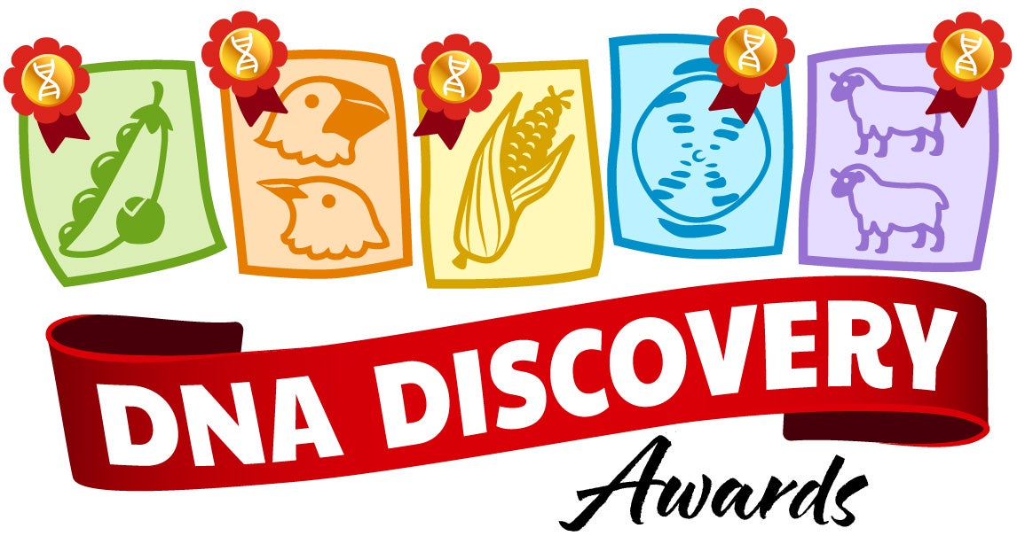 An illustration for the lesson "DNA Discovery Awards," showing a banner ribbon with the title and a few biological image drawings in the background, of peas, finches, corn, X-ray crystallography, and the structure of DNA.