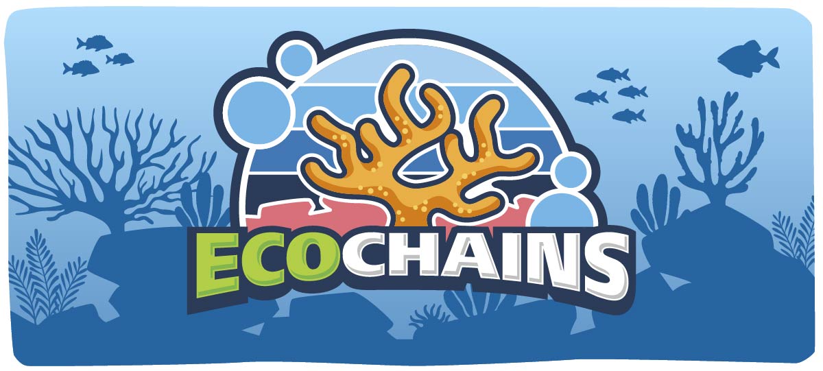 A logo with a brightly colored coral and the letters EcoChains below it. A background with silhouettes of rocks, coral, and fish.