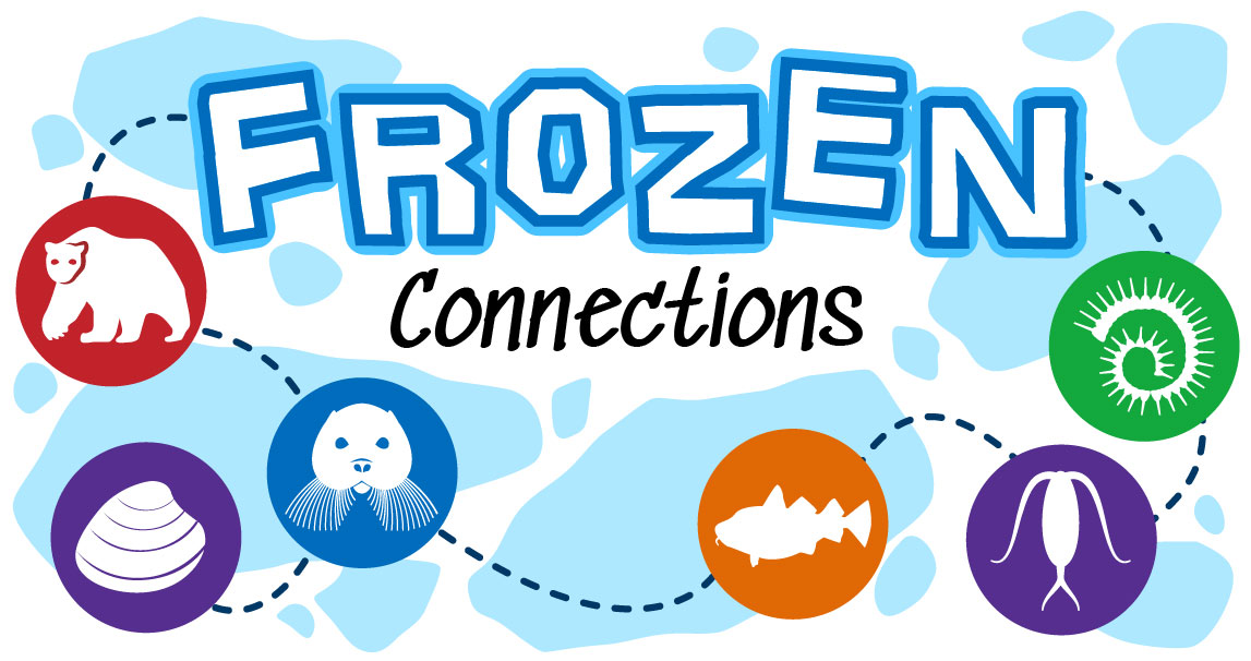An abstract icy background with six animal icons over it, connected by dotted lines showing the connections between species that live on the ice.