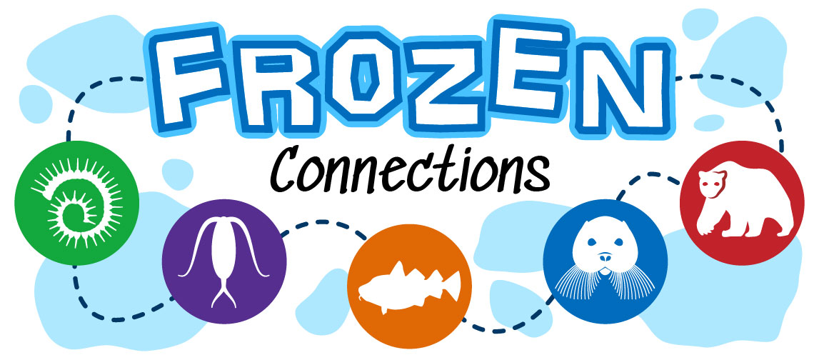 An abstract icy background with five animal icons over it, connected by dotted lines showing the connections between species that live on the ice.