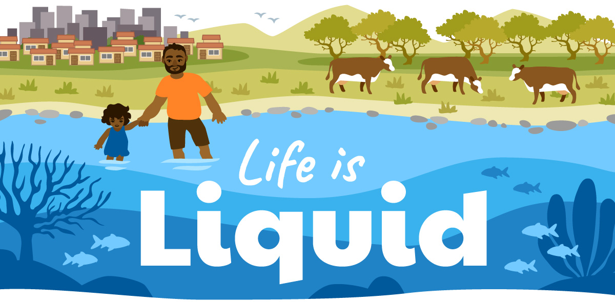 Landscape with water in the foreground. A dad and his daughter wade in the water. There are plants, cows, and a city on the land in the background.