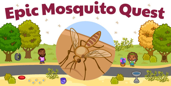 An illustration for the game Epic Mosquito Quest, showing the game world, with mosquito issues that need fixing, and an enlarged mosquito illustration in the center