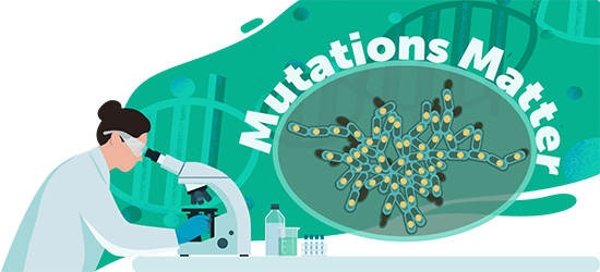 An illustration of a scientist with hair in a bun looking into a microscope, with an inset of a network of yeast and the title text "Mutations Matter"