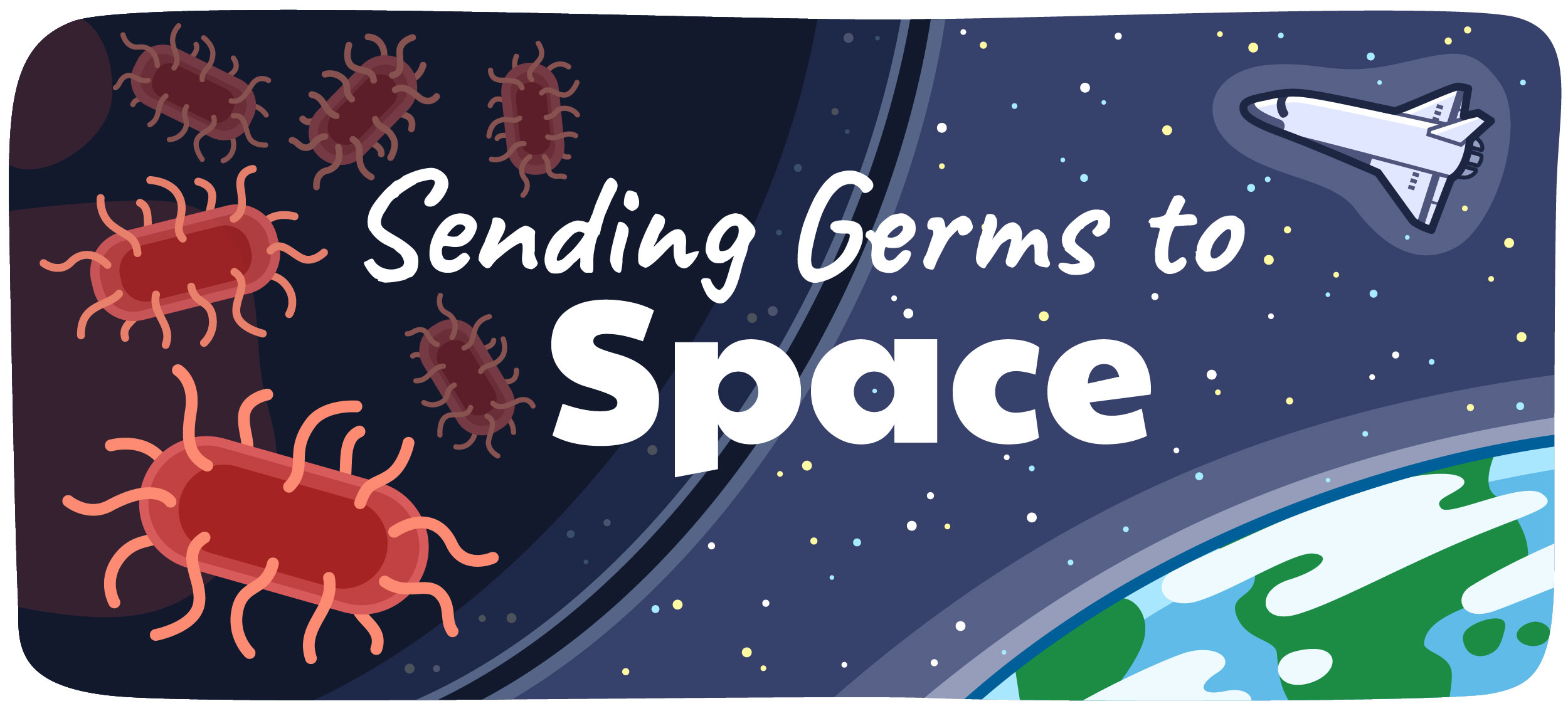 The text Sending Germs to Space overlays an illustration of a rocket headed away from Earth into space; an overlay of bacteria in a petri dish covers the left side of the image