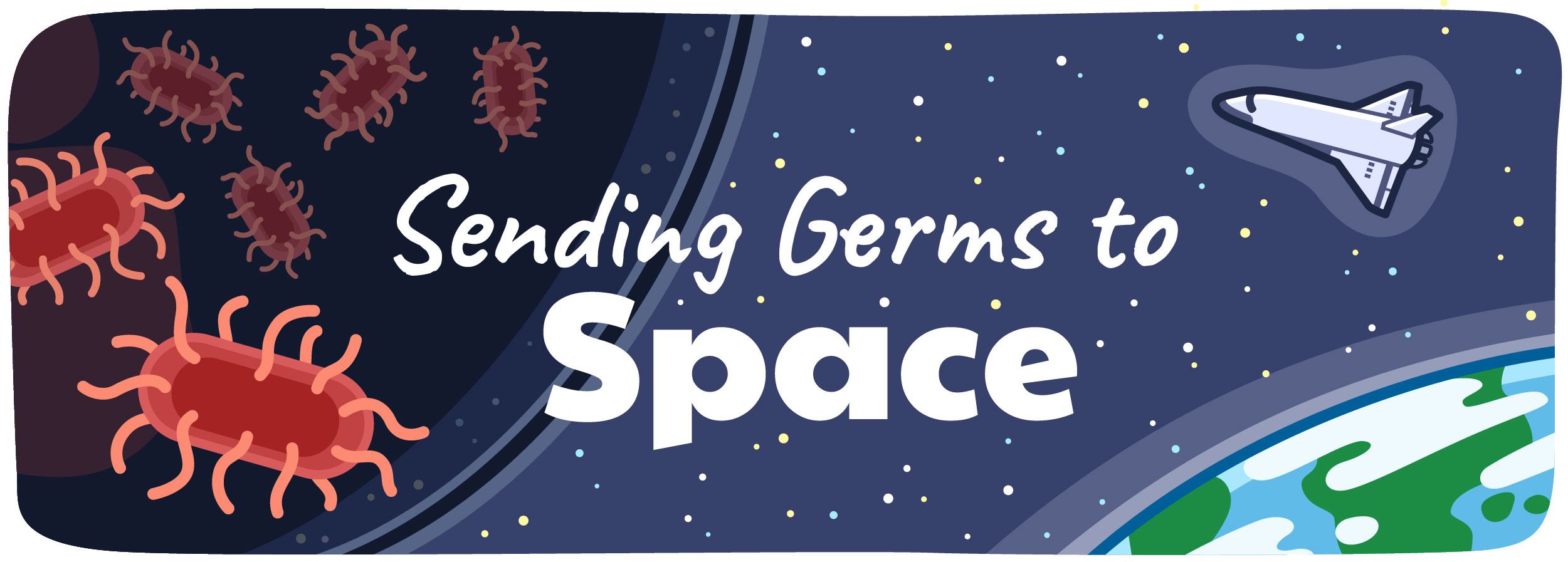 An illustration of Sending germs to space, with a rocket leaving Earth and bacteria in a petri dish