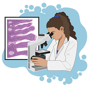 Illustration of scientists looking through a microscope.