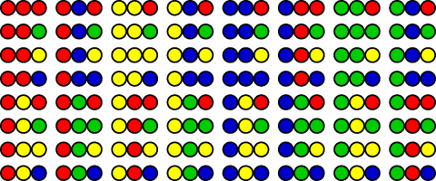 64 combinations from red, green, yellow, blue