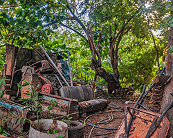 A backyard in a tropical region that has lots of old, rusting items that could hold water and be potential breeding grounds for mosquitoes.