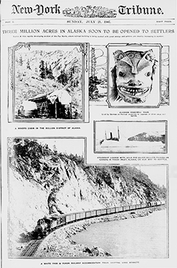 The cover of the New York Tribune from July, 1907. The headline text reads: Three million acres in Alaska soon to be opened to settlers.&quot;