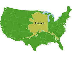 An illustration of Alaska moved and covering the lower 48 states, to show the size of Alaska. It looks like it covers over 1/5 of the rest of the country.