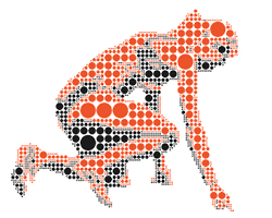 Illustration of a person made with circles, showing a sprinter crouching and getting ready to start a race