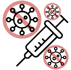 illustration of an inactivated vaccine, with a syringe and viruses that have a red circle cross through them.