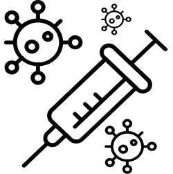 An illustration of a live attenuated virus, showing a syringe next to viruses that have had their surface proteins modified